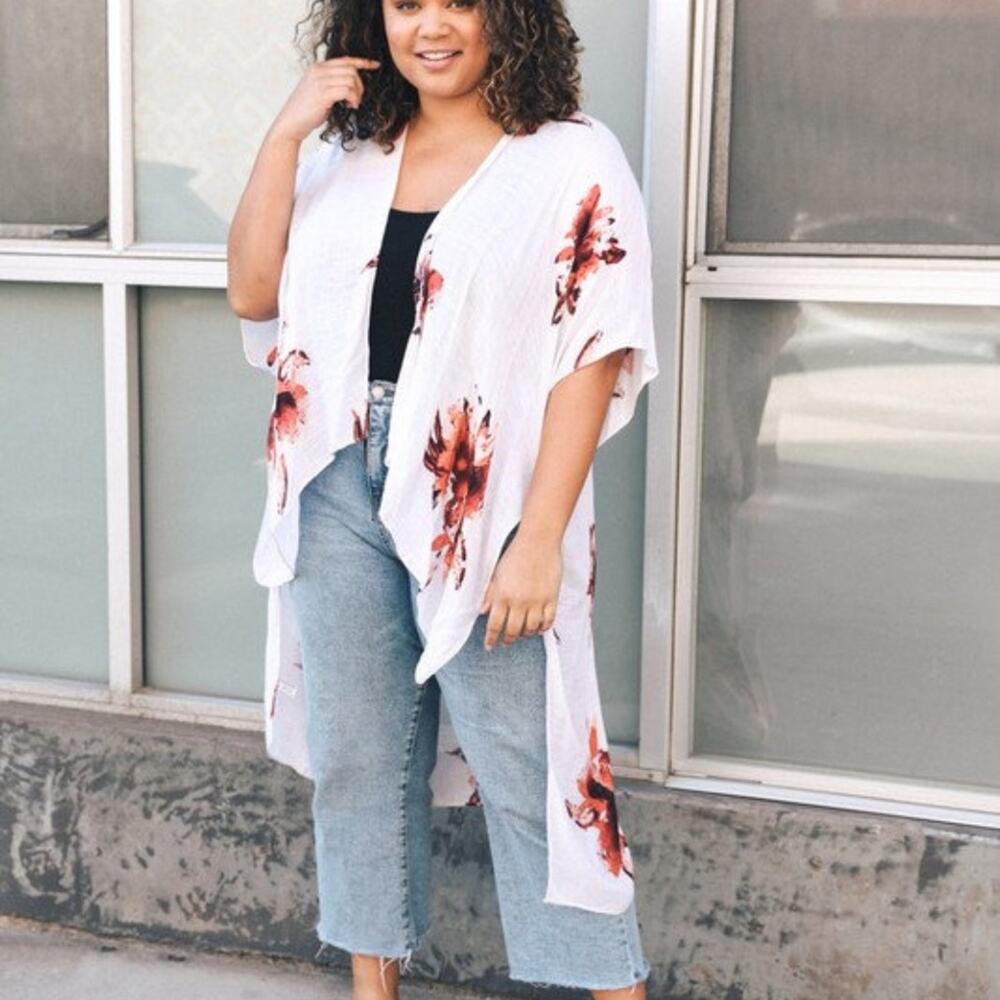 Floral Print Cream Boho Side Slit Short Sleeve One Size Poncho Kimono Wrap Women